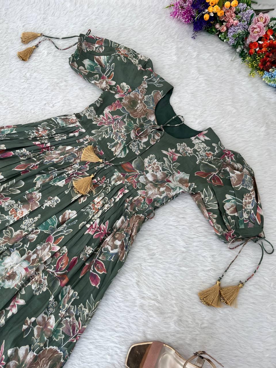 Trendy Pista Green Color Roman Silk Foil Printed Designer Gown