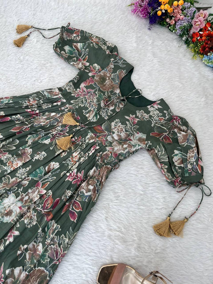 Trendy Pista Green Color Roman Silk Foil Printed Designer Gown