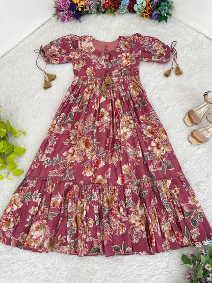 Trendy Peach Color Roman Silk Foil Printed Designer Gown