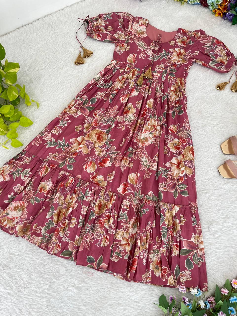 Trendy Peach Color Roman Silk Foil Printed Designer Gown