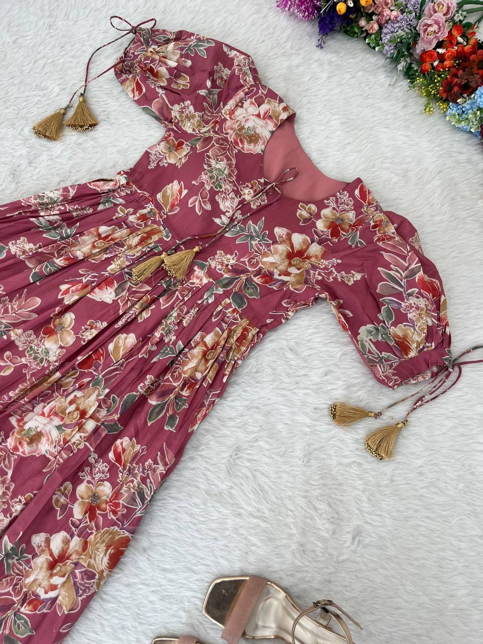 Trendy Peach Color Roman Silk Foil Printed Designer Gown