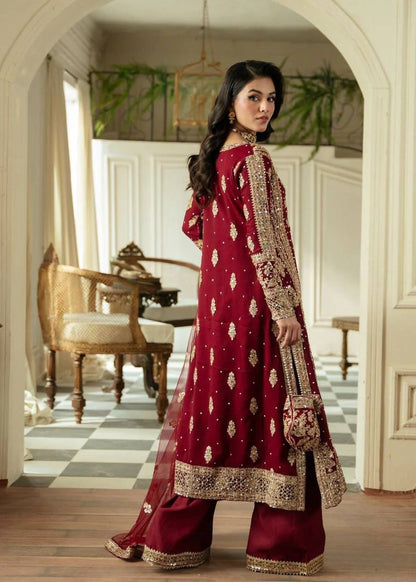 Wedding Wear Maroon Color Faux Georgette Thread And Sequenced With Pearl Work Palazoo Suit