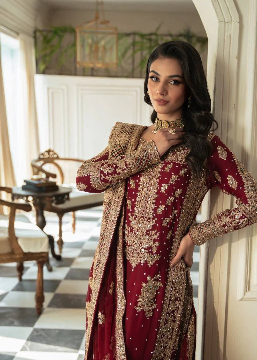 Wedding Wear Maroon Color Faux Georgette Thread And Sequenced With Pearl Work Palazoo Suit