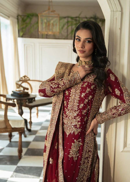 Wedding Wear Maroon Color Faux Georgette Thread And Sequenced With Pearl Work Palazoo Suit