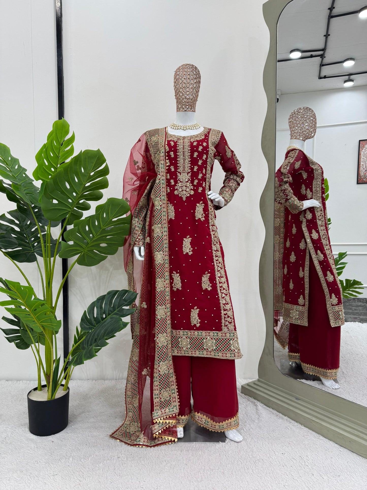 Wedding Wear Maroon Color Faux Georgette Thread And Sequenced With Pearl Work Palazoo Suit