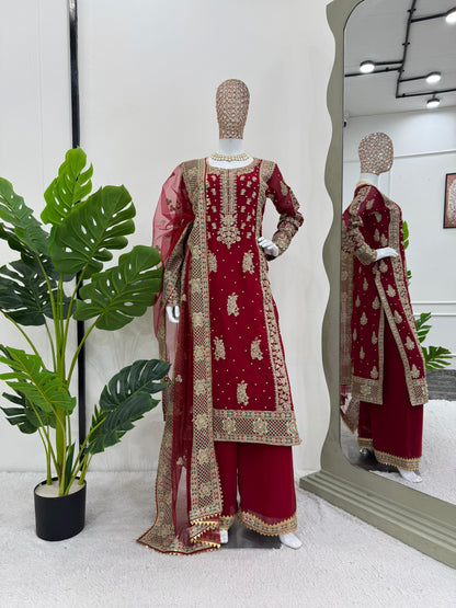 Wedding Wear Maroon Color Faux Georgette Thread And Sequenced With Pearl Work Palazoo Suit