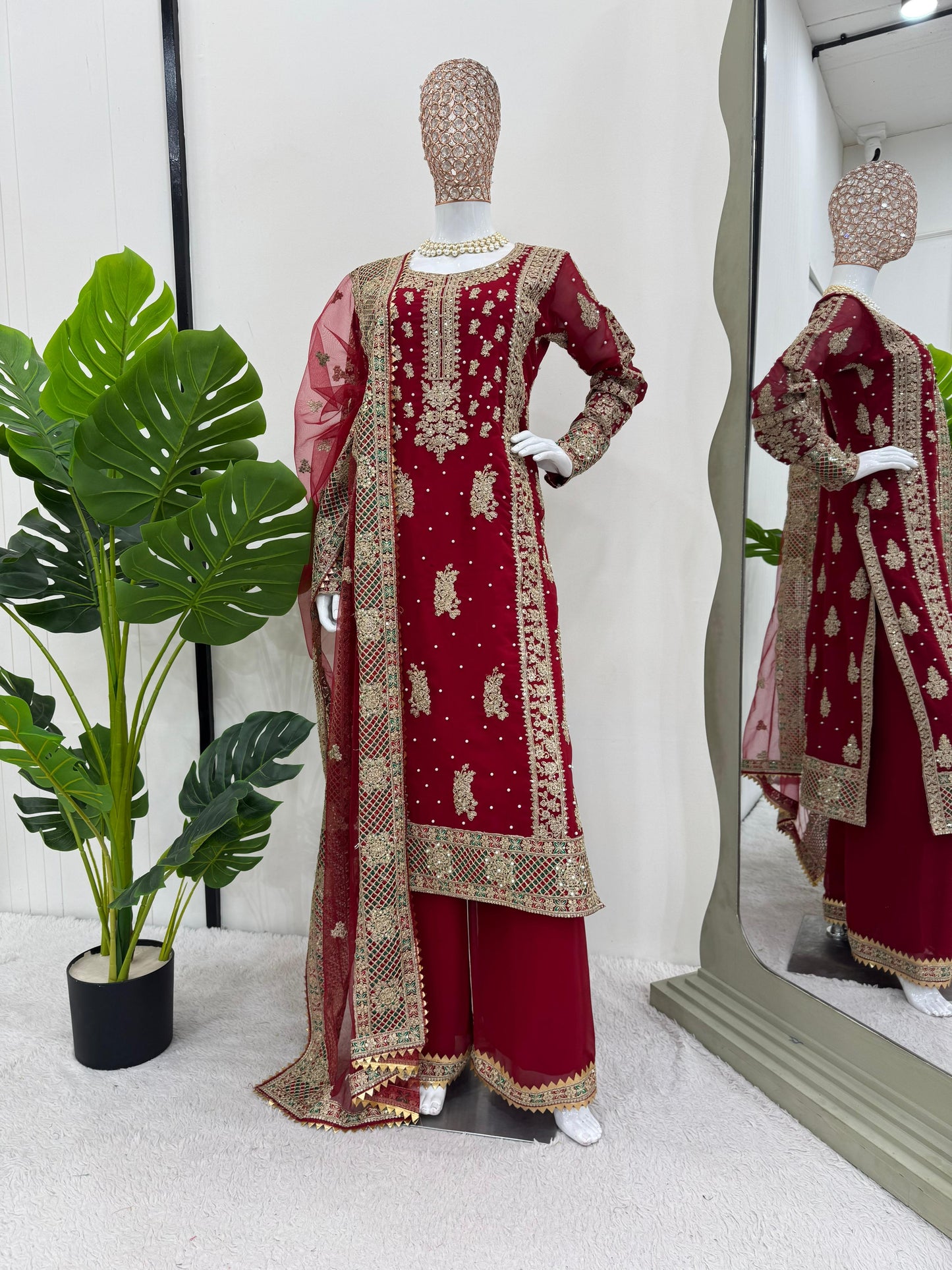 Wedding Wear Maroon Color Faux Georgette Thread And Sequenced With Pearl Work Palazoo Suit
