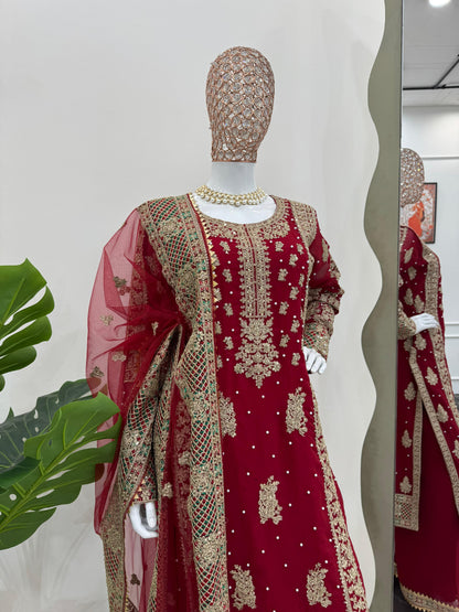 Wedding Wear Maroon Color Faux Georgette Thread And Sequenced With Pearl Work Palazoo Suit