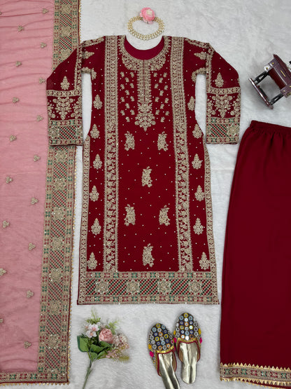 Wedding Wear Maroon Color Faux Georgette Thread And Sequenced With Pearl Work Palazoo Suit