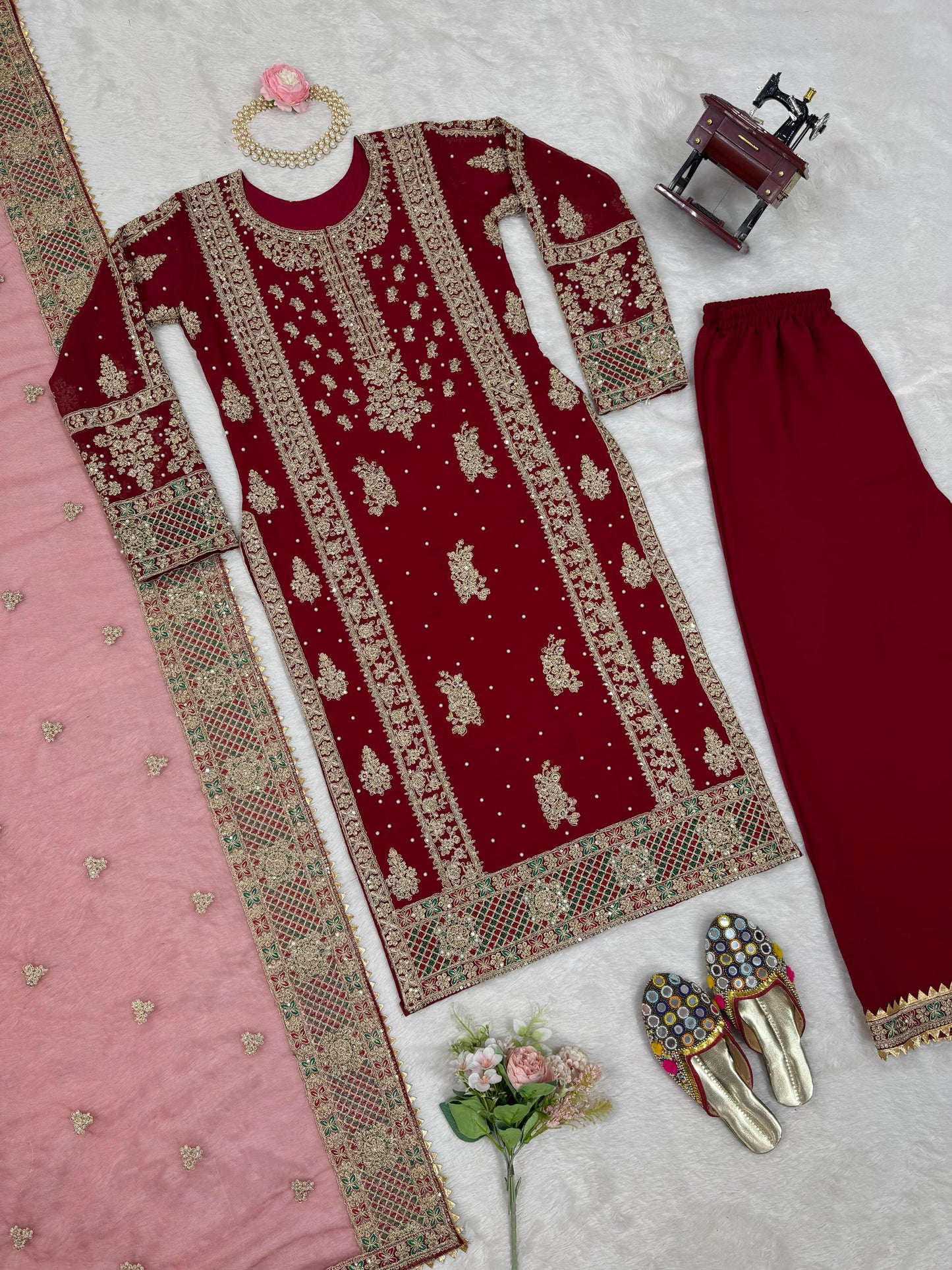 Wedding Wear Maroon Color Faux Georgette Thread And Sequenced With Pearl Work Palazoo Suit