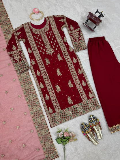 Wedding Wear Maroon Color Faux Georgette Thread And Sequenced With Pearl Work Palazoo Suit