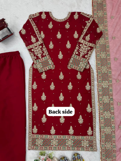Wedding Wear Maroon Color Faux Georgette Thread And Sequenced With Pearl Work Palazoo Suit