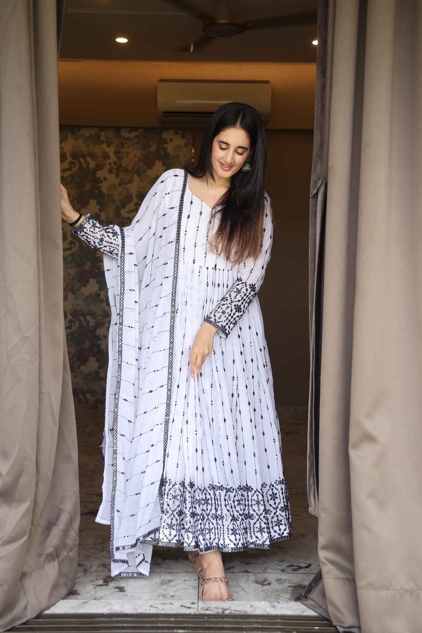 Gorgeous White Color Faux Georgette Fabric With All Over 9 Mm Embroidery Work Designer Gown