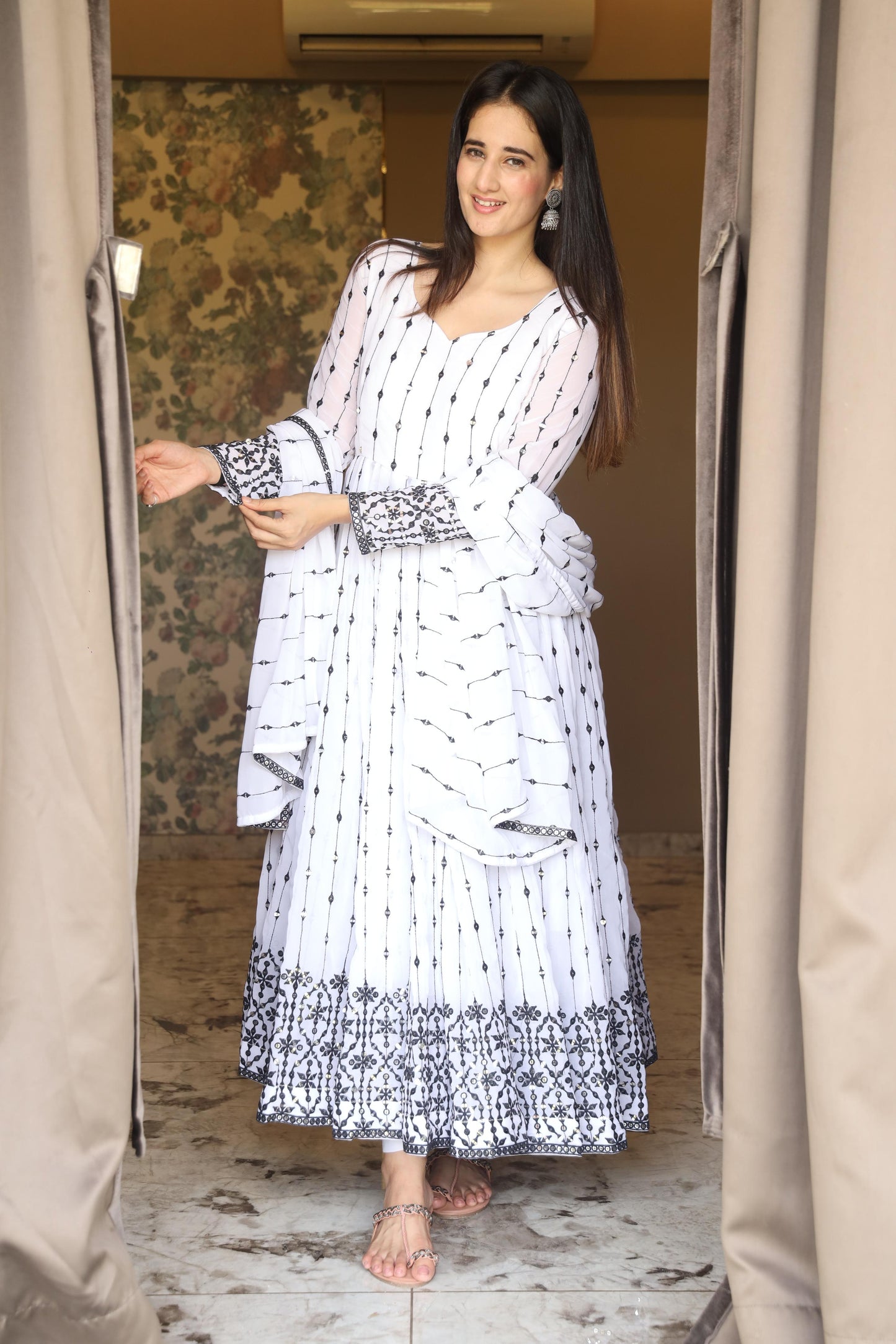 Gorgeous White Color Faux Georgette Fabric With All Over 9 Mm Embroidery Work Designer Gown