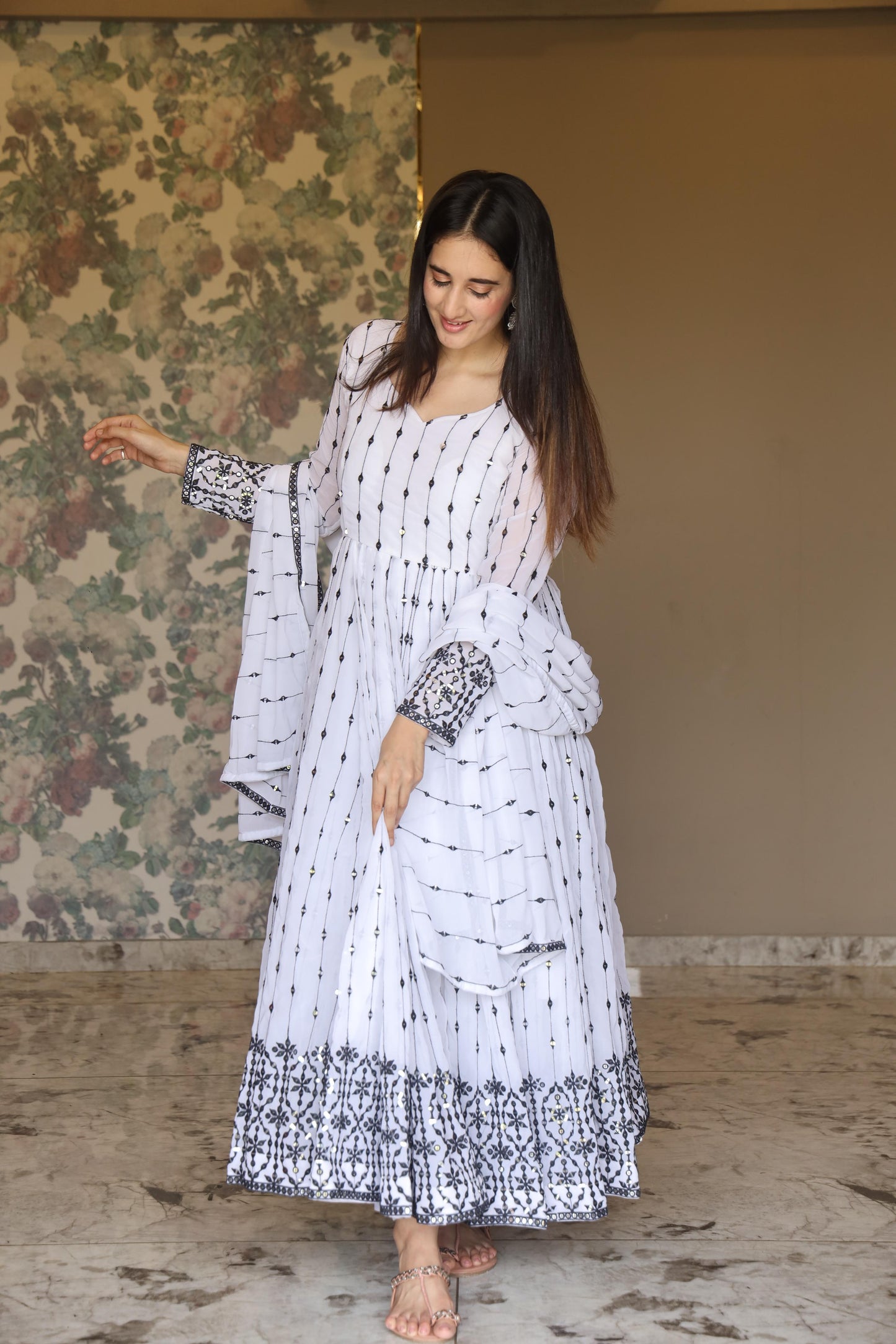 Gorgeous White Color Faux Georgette Fabric With All Over 9 Mm Embroidery Work Designer Gown
