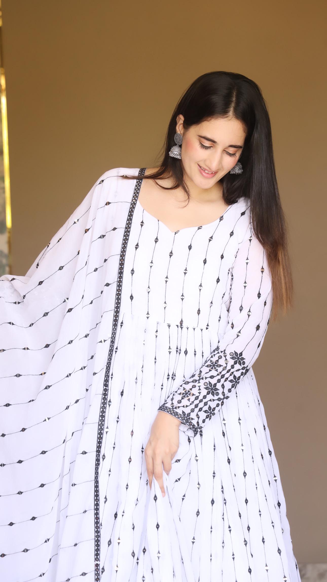 Gorgeous White Color Faux Georgette Fabric With All Over 9 Mm Embroidery Work Designer Gown