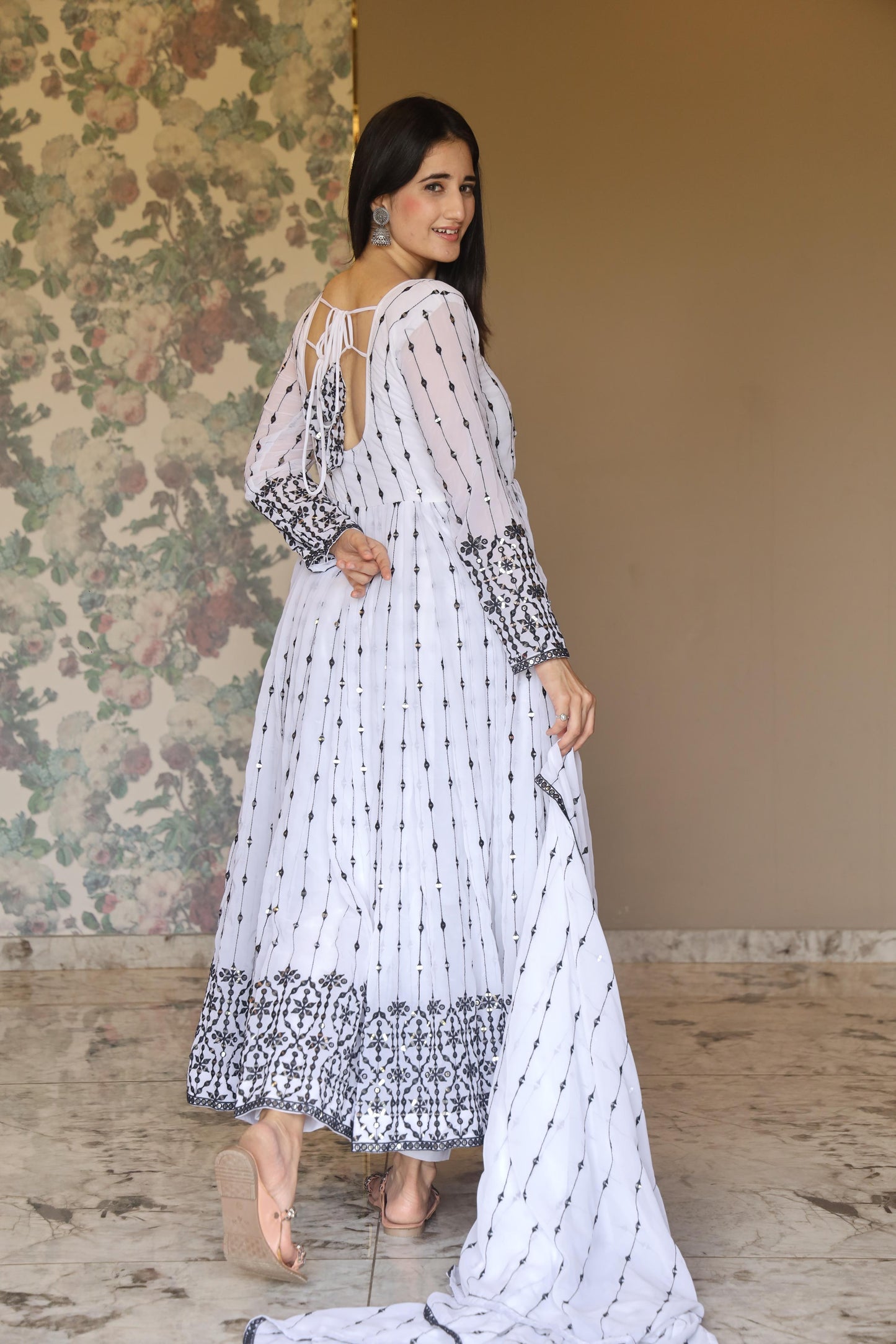 Gorgeous White Color Faux Georgette Fabric With All Over 9 Mm Embroidery Work Designer Gown