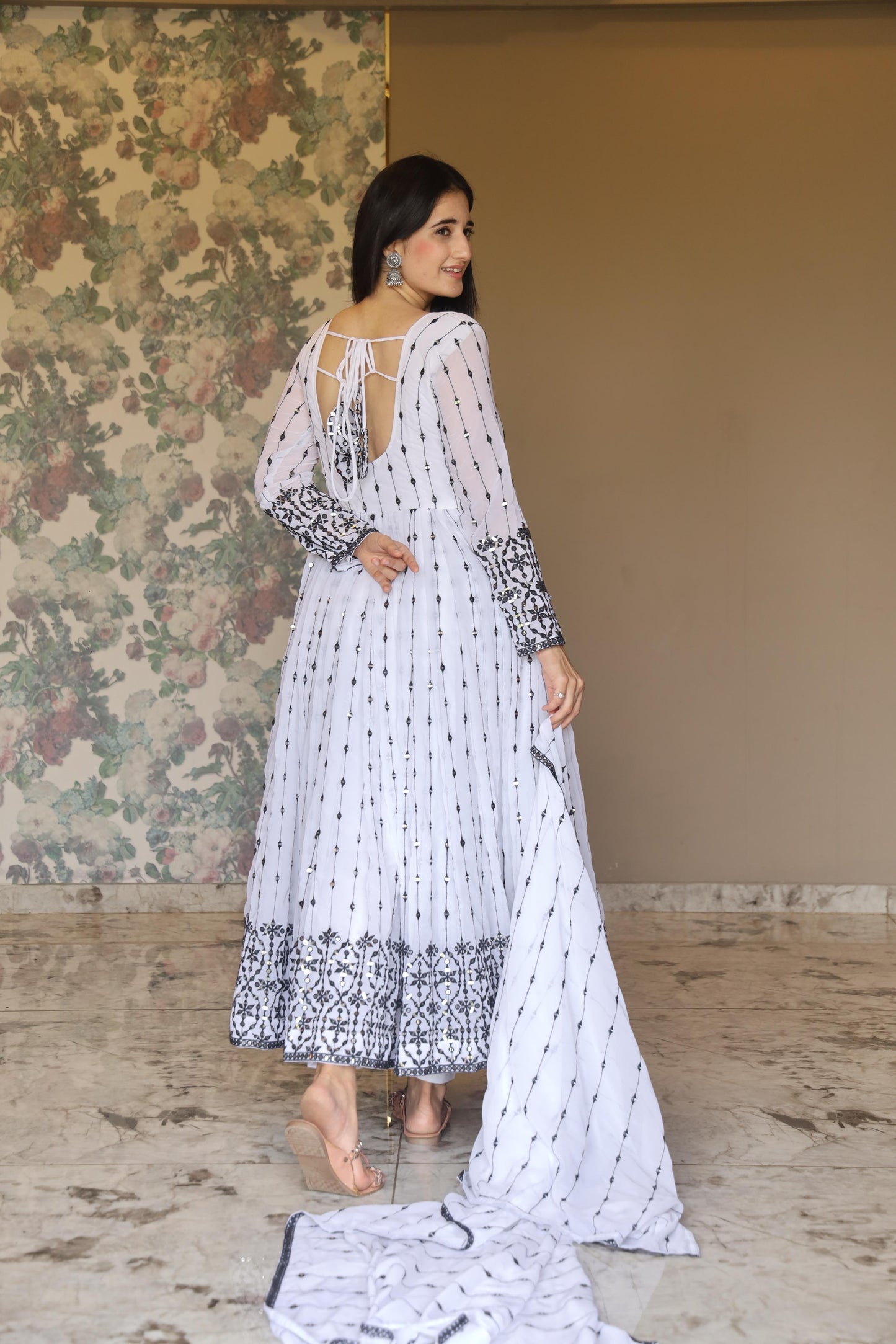 Gorgeous White Color Faux Georgette Fabric With All Over 9 Mm Embroidery Work Designer Gown