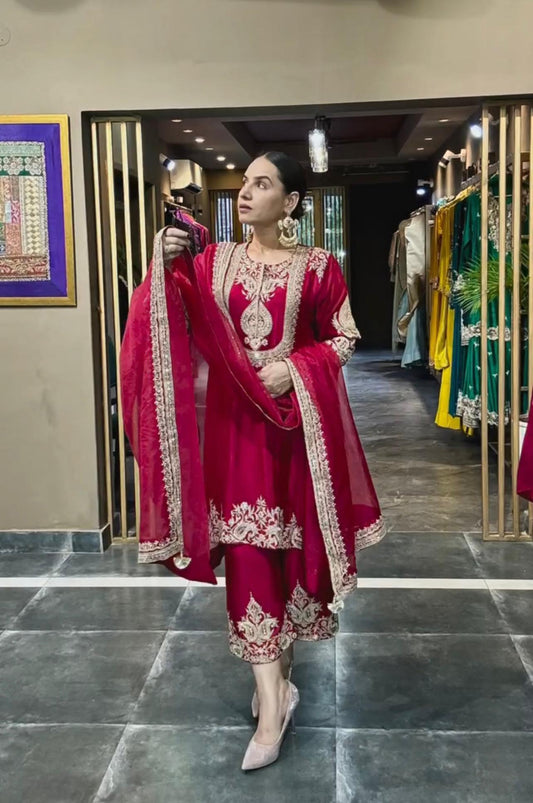 Stunning Red Color Pure Heavy Chinon Silk With Heavy Embroidery Coding Sequence Work Salwar Suit