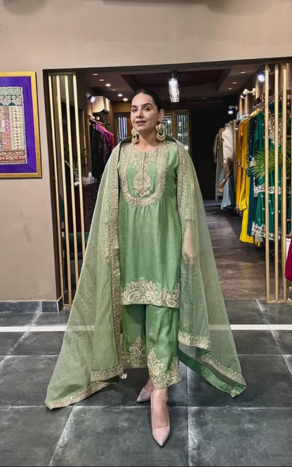 Stunning Pista Green Color Pure Heavy Chinon Silk With Heavy Embroidery Coding Sequence Work Salwar Suit
