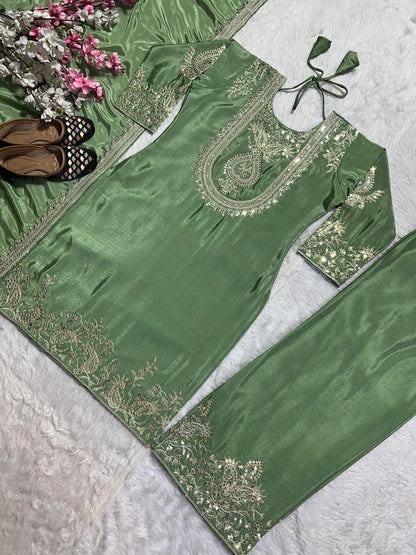 Stunning Pista Green Color Pure Heavy Chinon Silk With Heavy Embroidery Coding Sequence Work Salwar Suit
