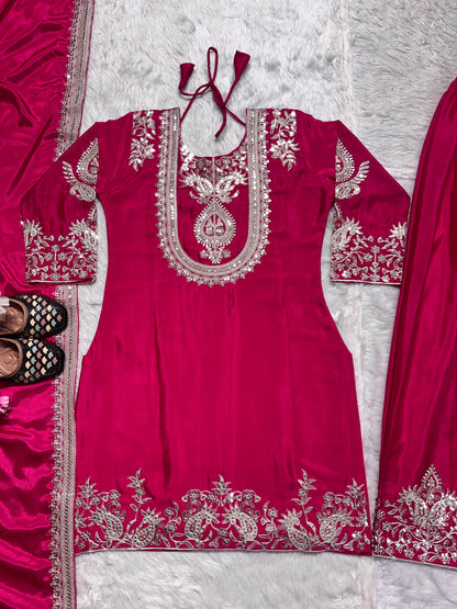 Stunning Pink Color Pure Heavy Chinon Silk With Heavy Embroidery Coding Sequence Work Salwar Suit
