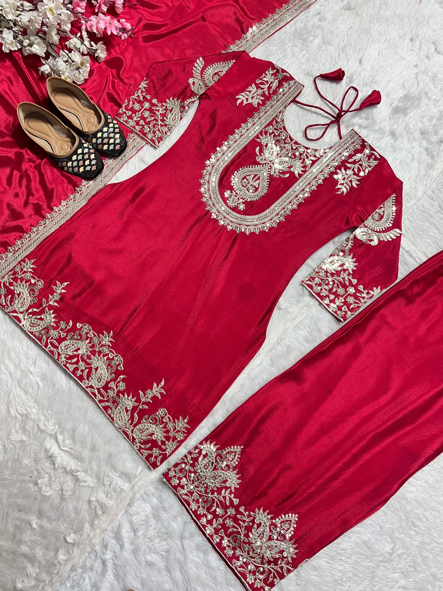 Stunning Red Color Pure Heavy Chinon Silk With Heavy Embroidery Coding Sequence Work Salwar Suit