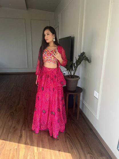 Glimmering Pink Color Pure Bandhrej Heavy Embroidery Work Beautiful Lehenga Choli With Jacket