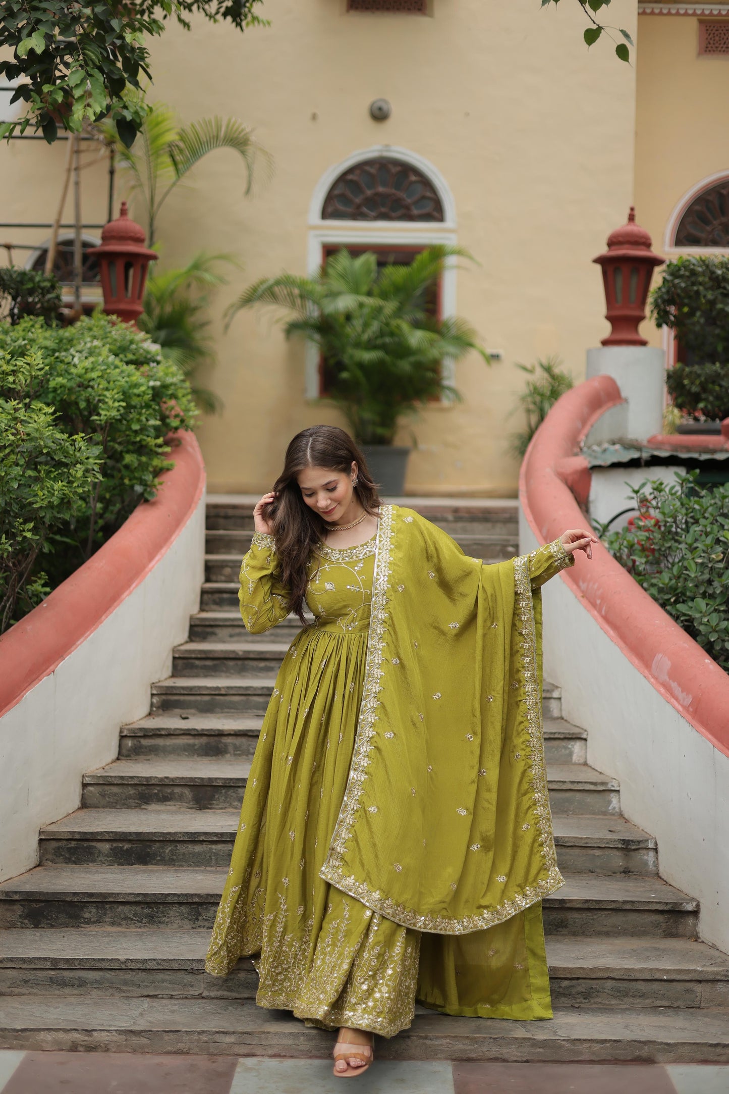 Wedding Wear Chinon With Rich Sequins Embroidered Work Parrot Green Color Kurti With Sharara