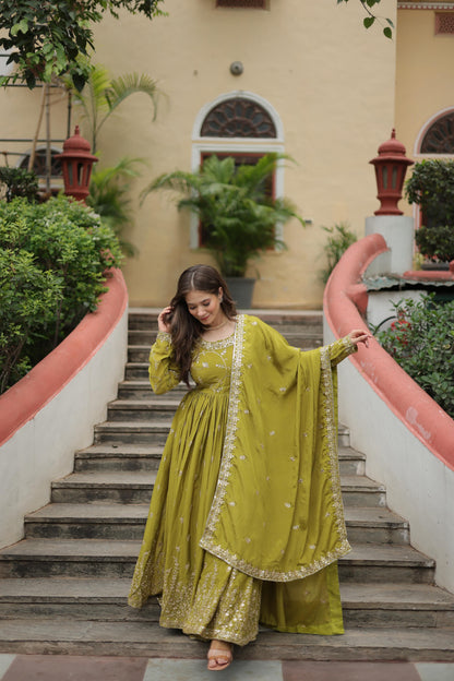 Wedding Wear Chinon With Rich Sequins Embroidered Work Parrot Green Color Kurti With Sharara