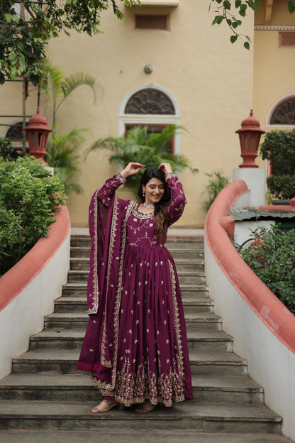 Wedding Wear Chinon With Rich Sequins Embroidered Work Wine Color Kurti With Sharara
