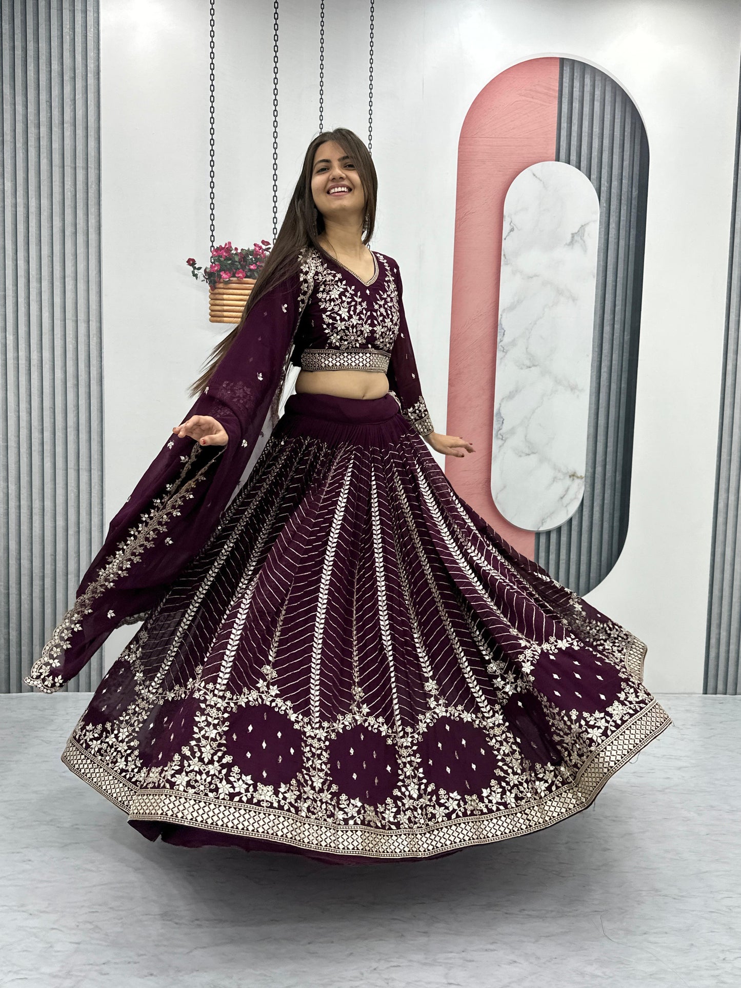 Luxuriant Wine Color Heavy Faux Georgette And Embroidery 7mm Sequence Work Beautiful Lehenga Choli