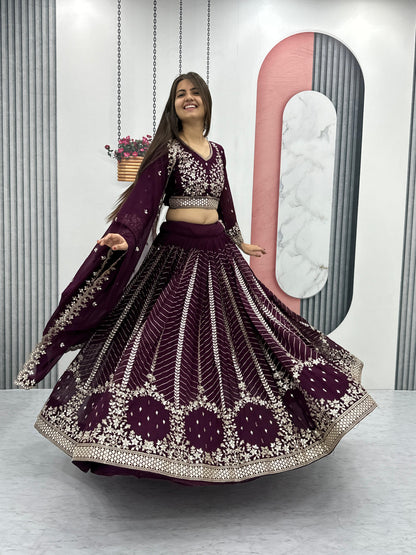 Luxuriant Wine Color Heavy Faux Georgette And Embroidery 7mm Sequence Work Beautiful Lehenga Choli