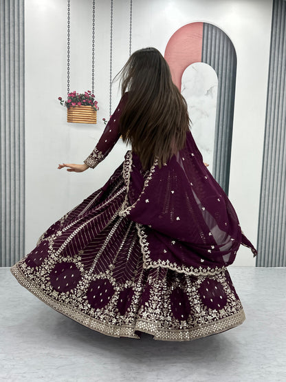 Luxuriant Wine Color Heavy Faux Georgette And Embroidery 7mm Sequence Work Beautiful Lehenga Choli