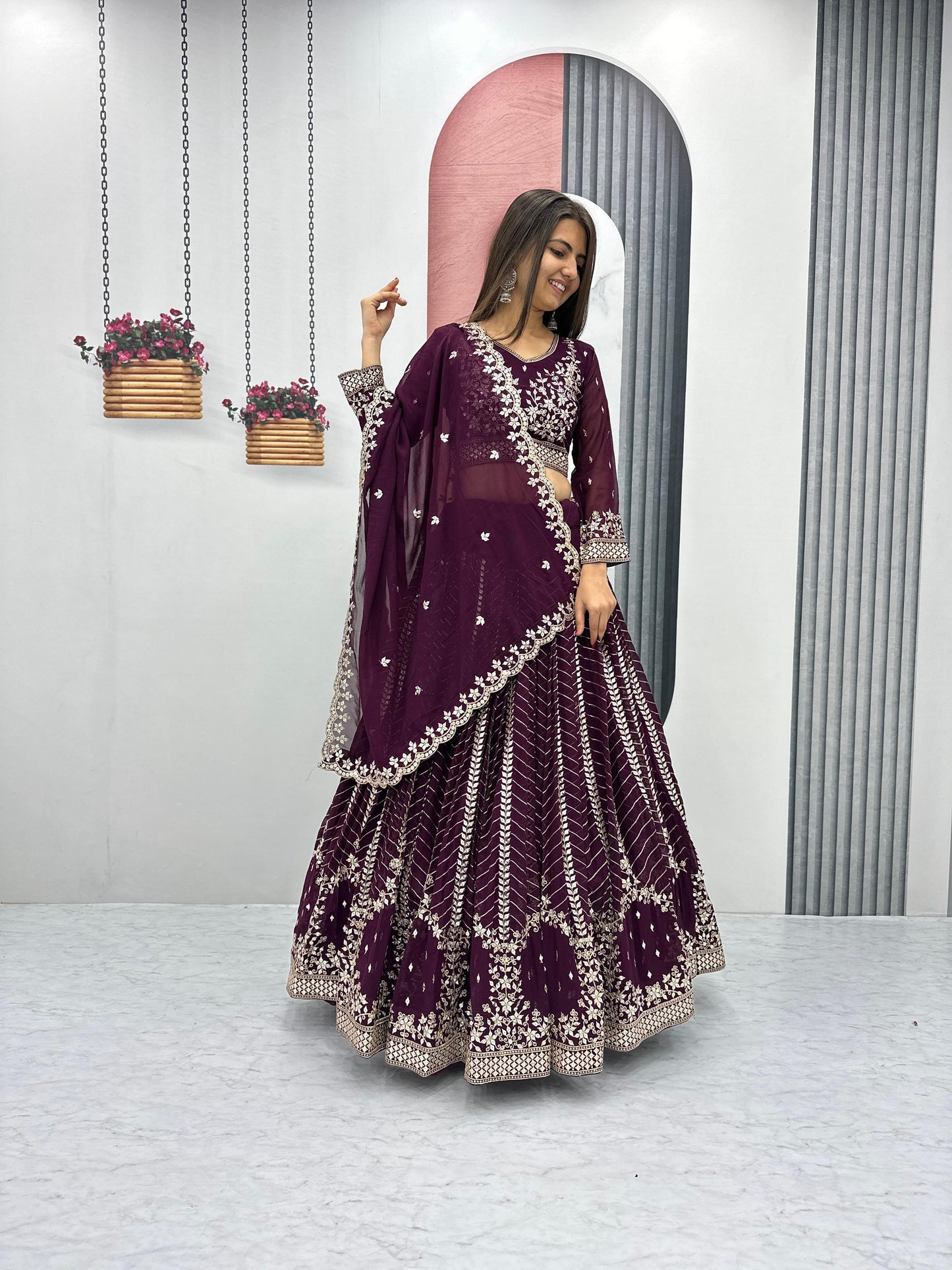 Luxuriant Wine Color Heavy Faux Georgette And Embroidery 7mm Sequence Work Beautiful Lehenga Choli