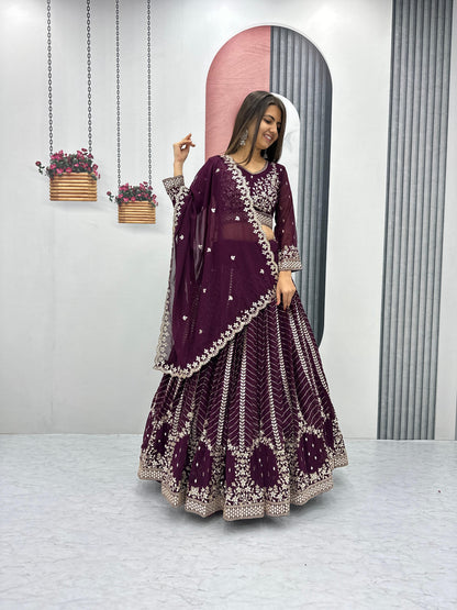 Luxuriant Wine Color Heavy Faux Georgette And Embroidery 7mm Sequence Work Beautiful Lehenga Choli