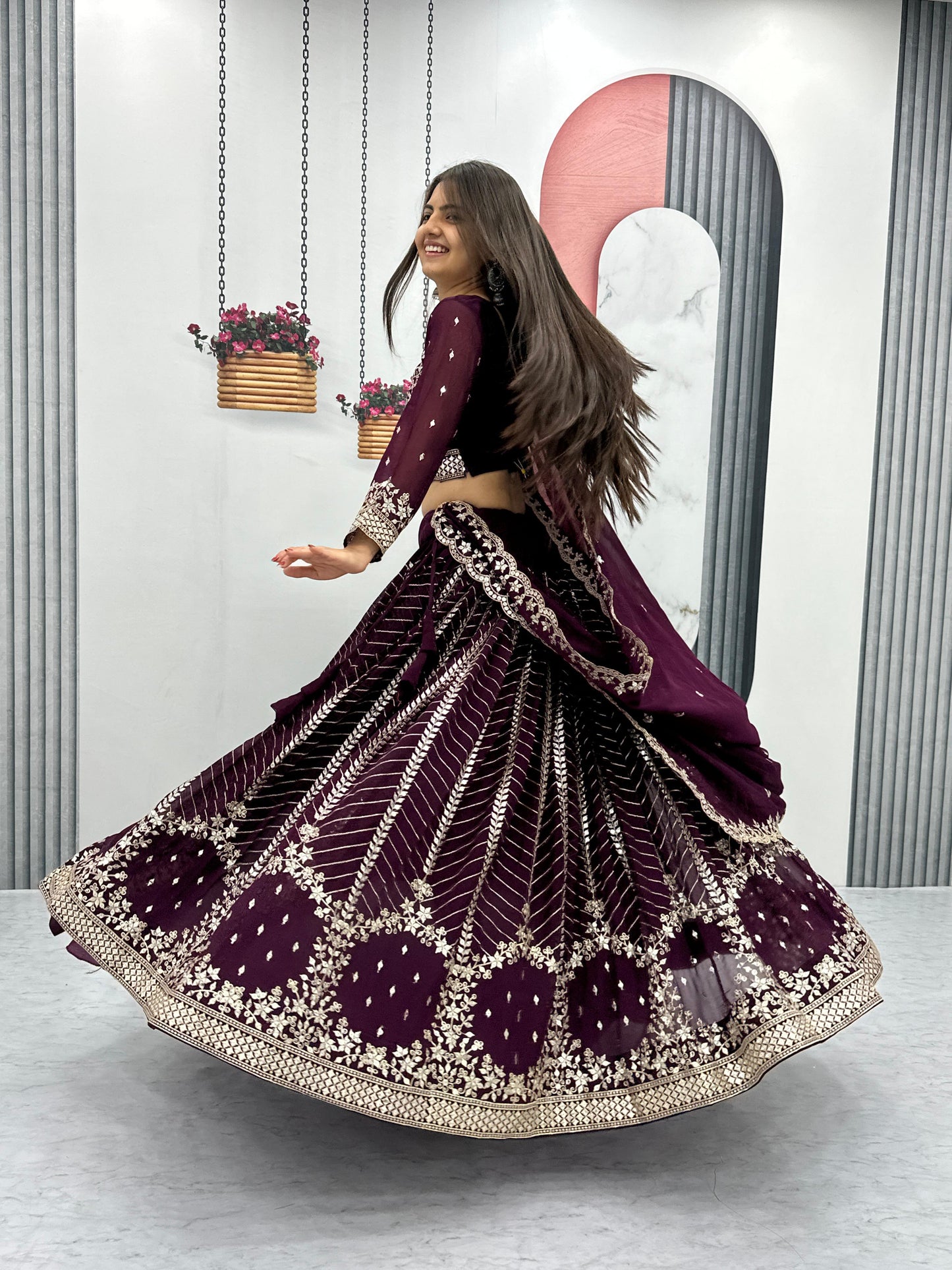 Luxuriant Wine Color Heavy Faux Georgette And Embroidery 7mm Sequence Work Beautiful Lehenga Choli