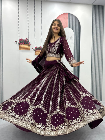 Luxuriant Wine Color Heavy Faux Georgette And Embroidery 7mm Sequence Work Beautiful Lehenga Choli
