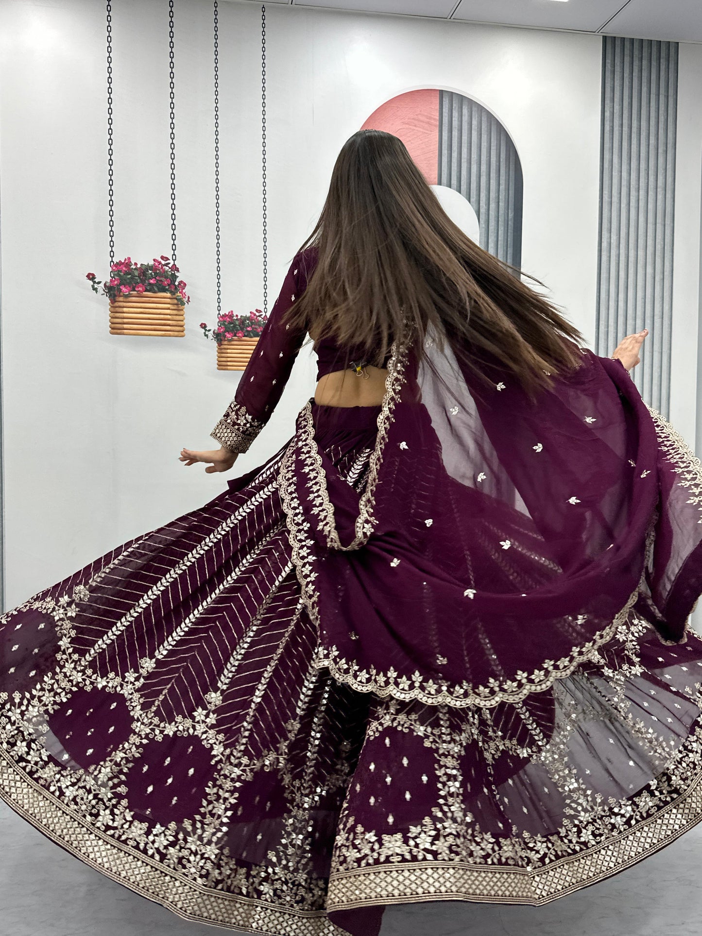 Luxuriant Wine Color Heavy Faux Georgette And Embroidery 7mm Sequence Work Beautiful Lehenga Choli