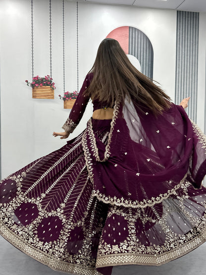 Luxuriant Wine Color Heavy Faux Georgette And Embroidery 7mm Sequence Work Beautiful Lehenga Choli