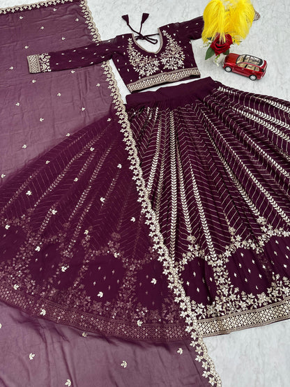 Luxuriant Wine Color Heavy Faux Georgette And Embroidery 7mm Sequence Work Beautiful Lehenga Choli