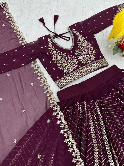 Luxuriant Wine Color Heavy Faux Georgette And Embroidery 7mm Sequence Work Beautiful Lehenga Choli