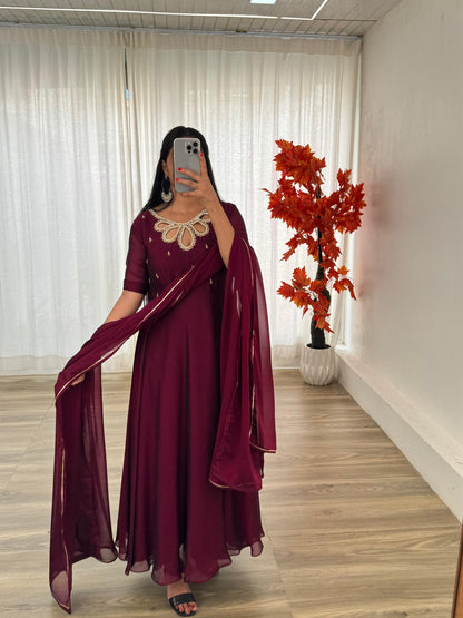 Party Wear Look Black Rangoli Georgette Maroon Color Gown With Dupatta