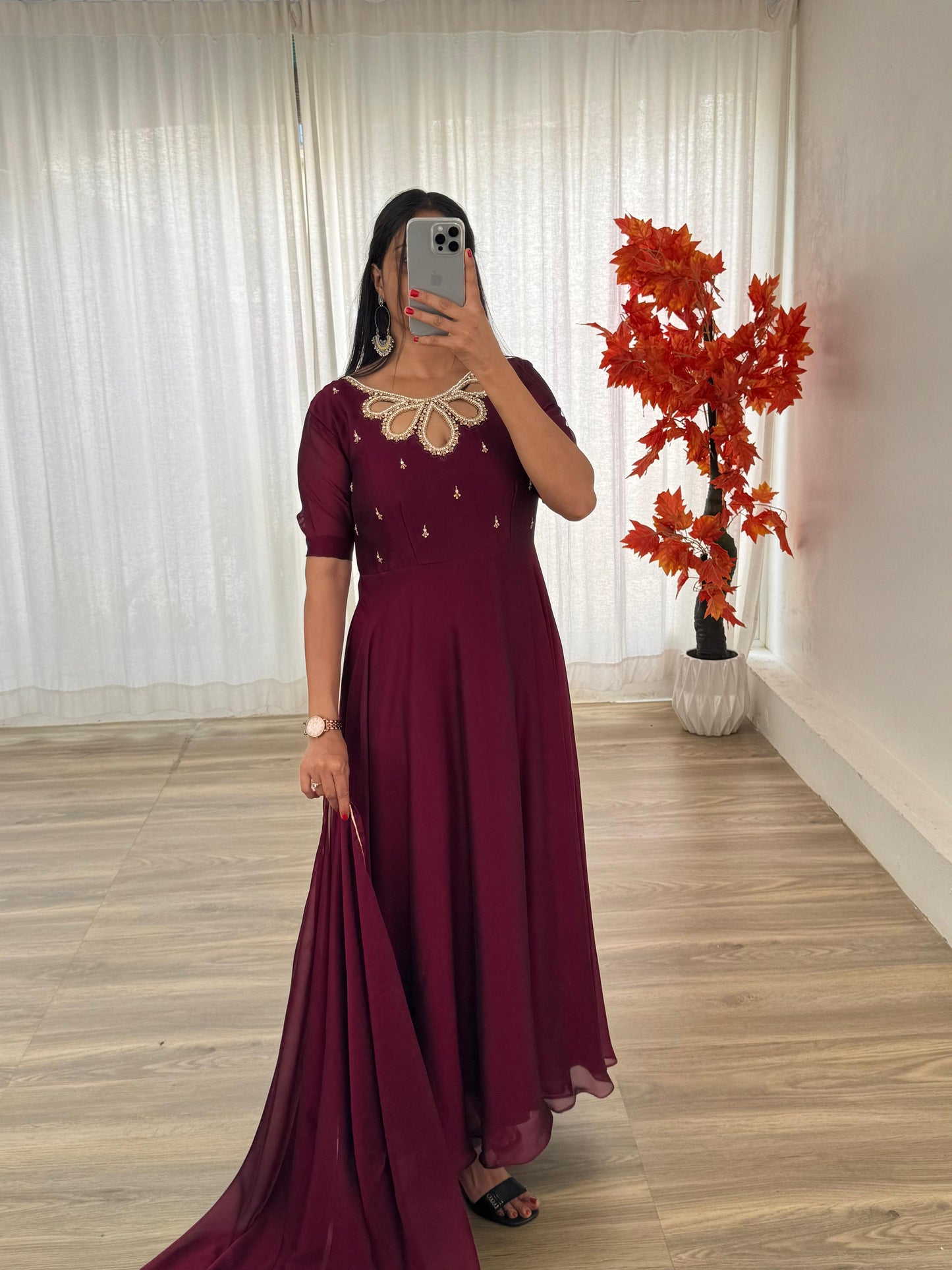 Party Wear Look Black Rangoli Georgette Maroon Color Gown With Dupatta