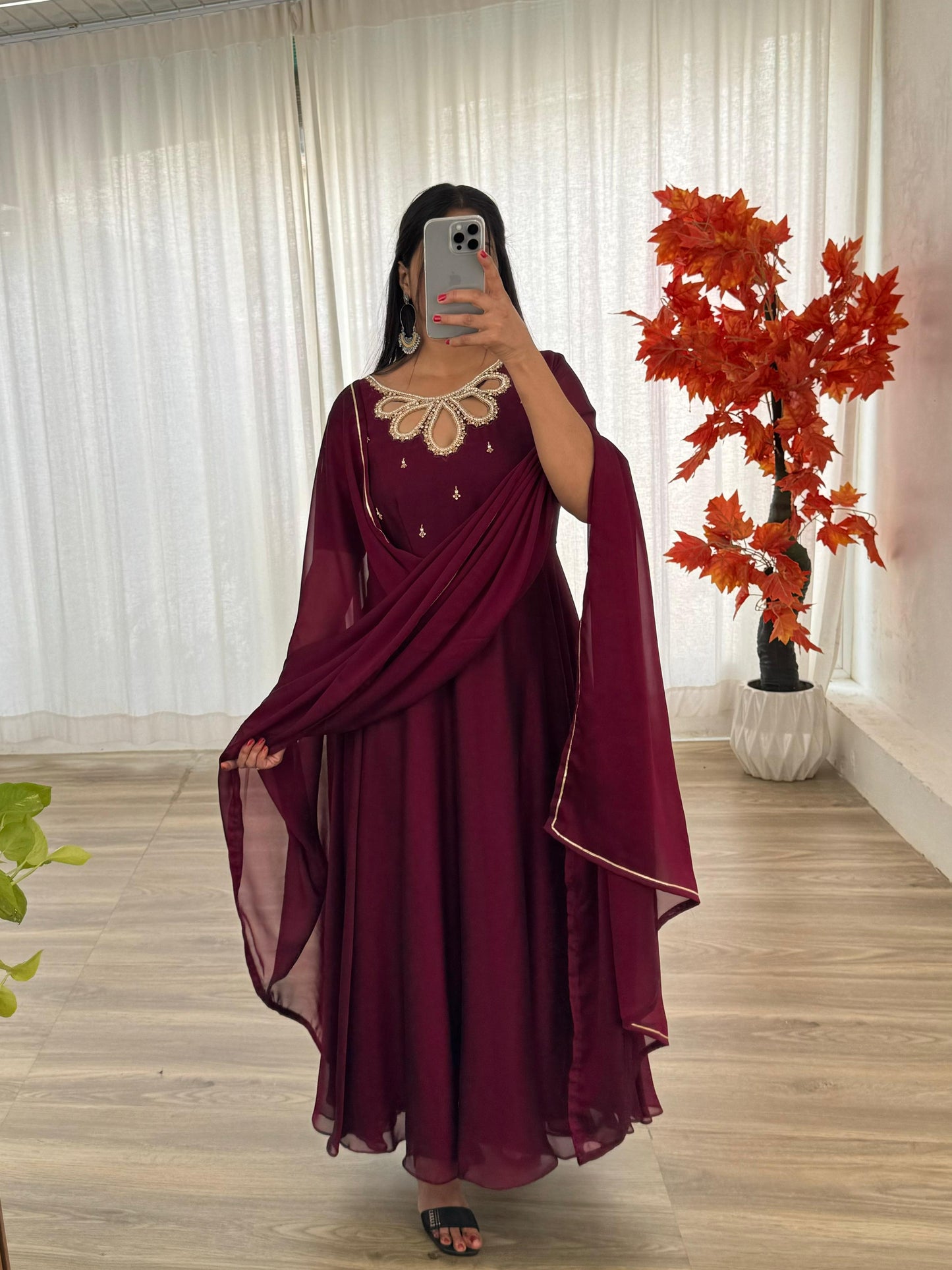 Party Wear Look Black Rangoli Georgette Maroon Color Gown With Dupatta
