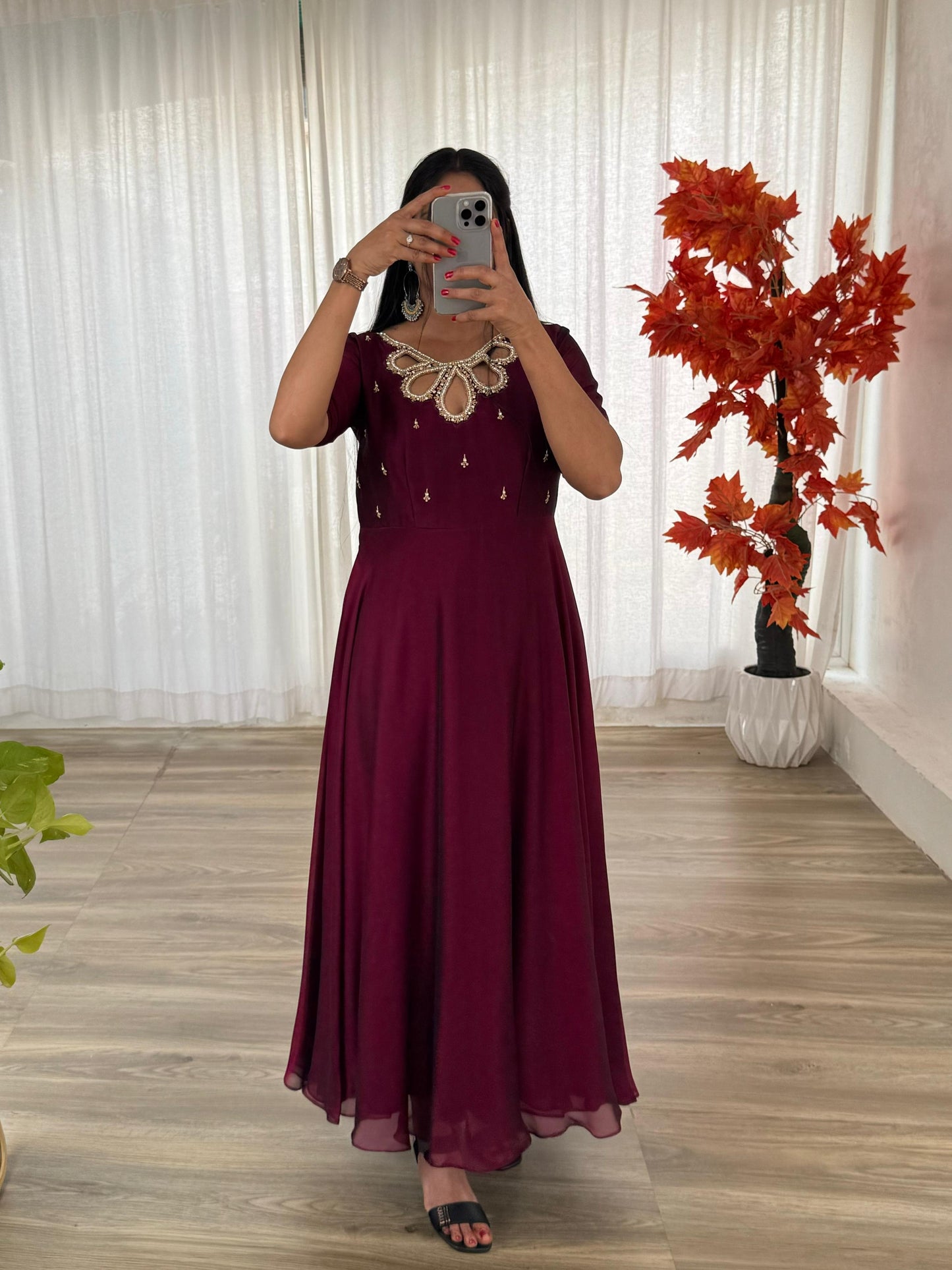 Party Wear Look Black Rangoli Georgette Maroon Color Gown With Dupatta