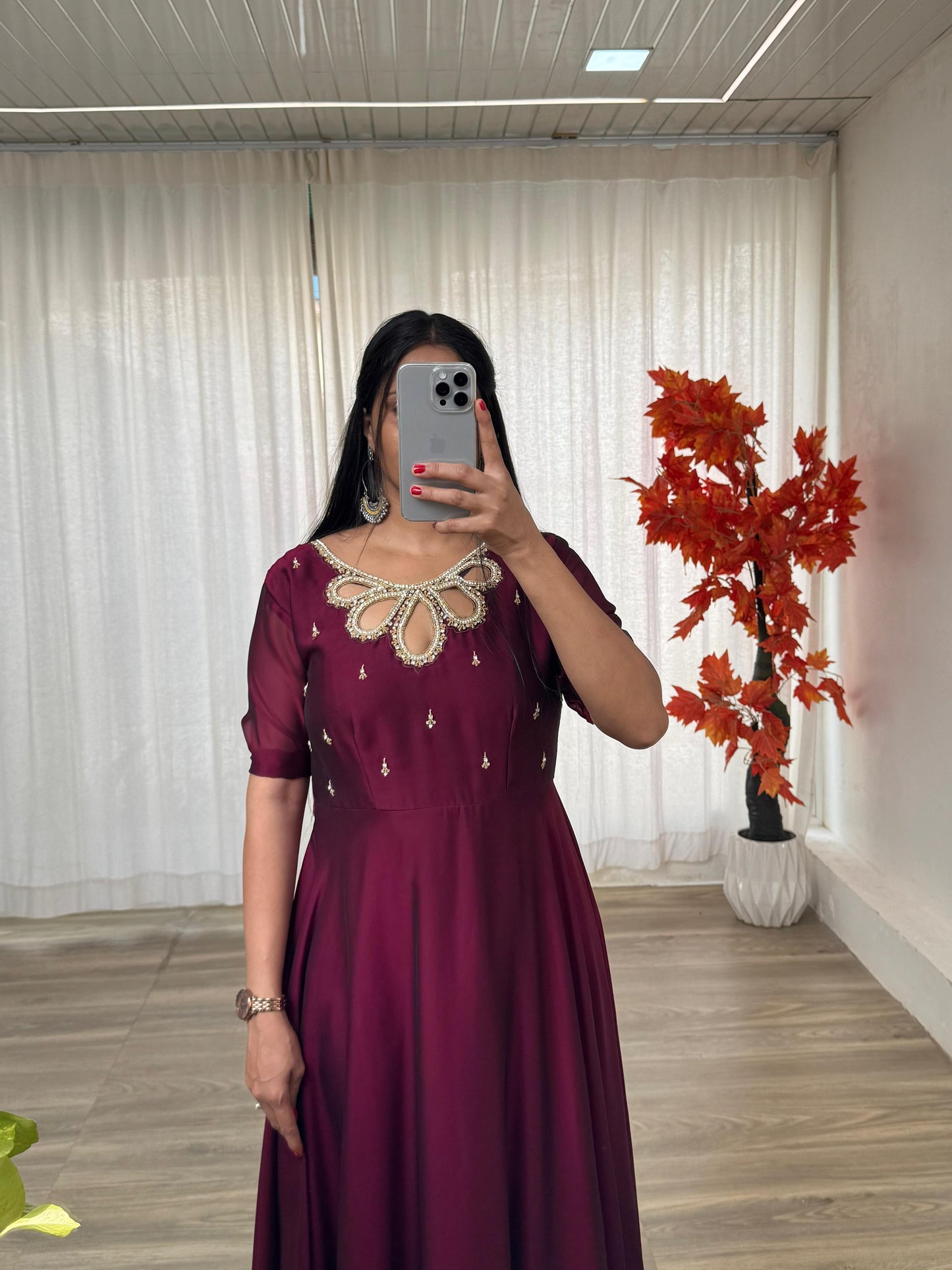 Party Wear Look Black Rangoli Georgette Maroon Color Gown With Dupatta