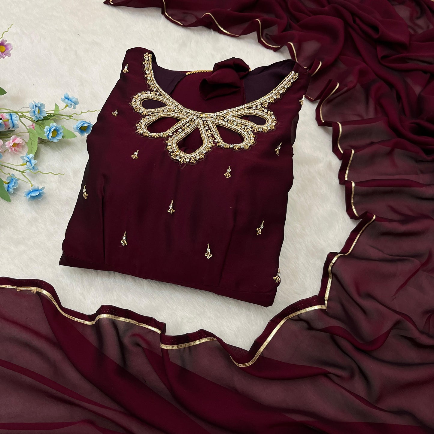 Party Wear Look Black Rangoli Georgette Maroon Color Gown With Dupatta