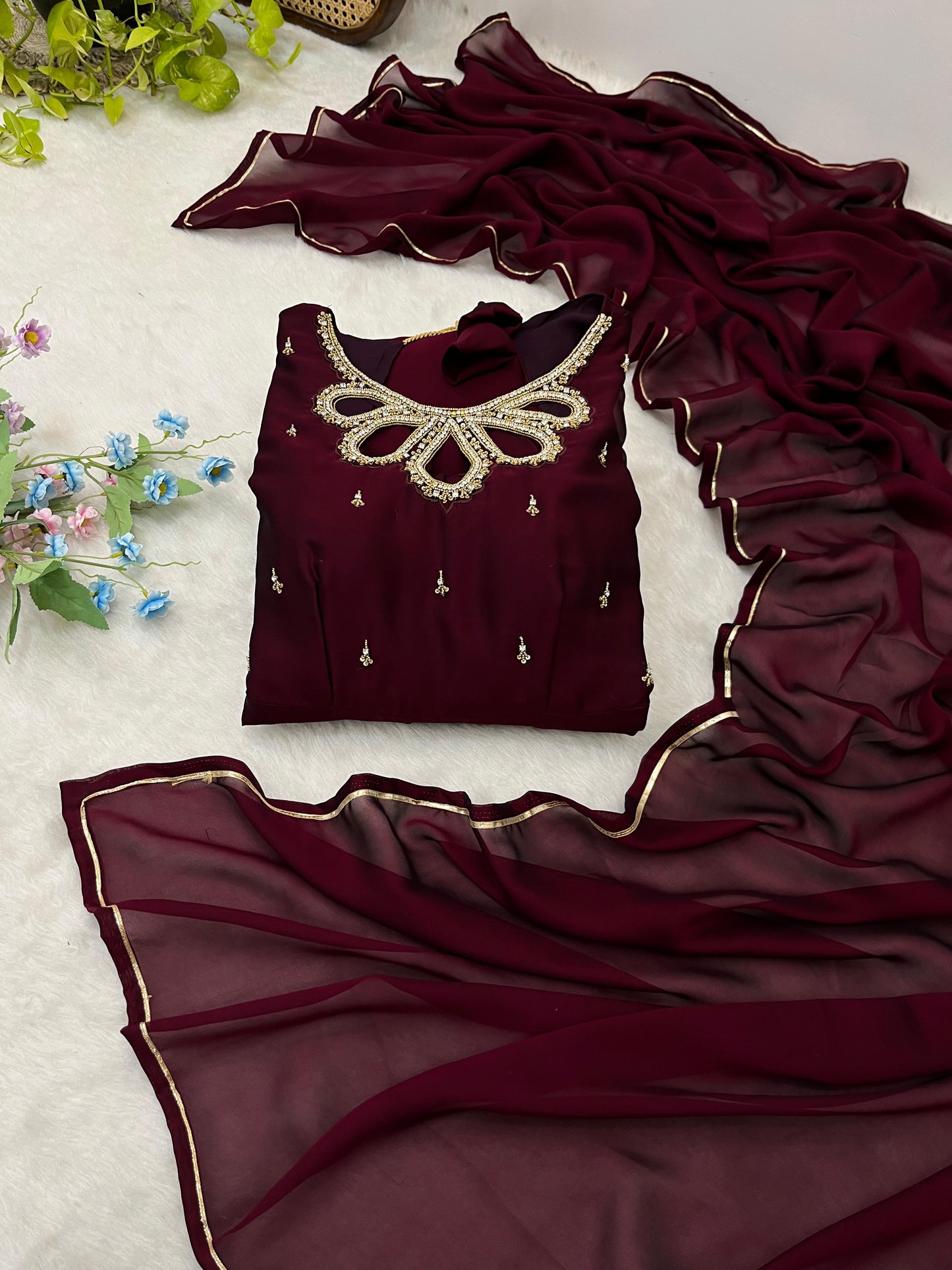 Party Wear Look Black Rangoli Georgette Maroon Color Gown With Dupatta