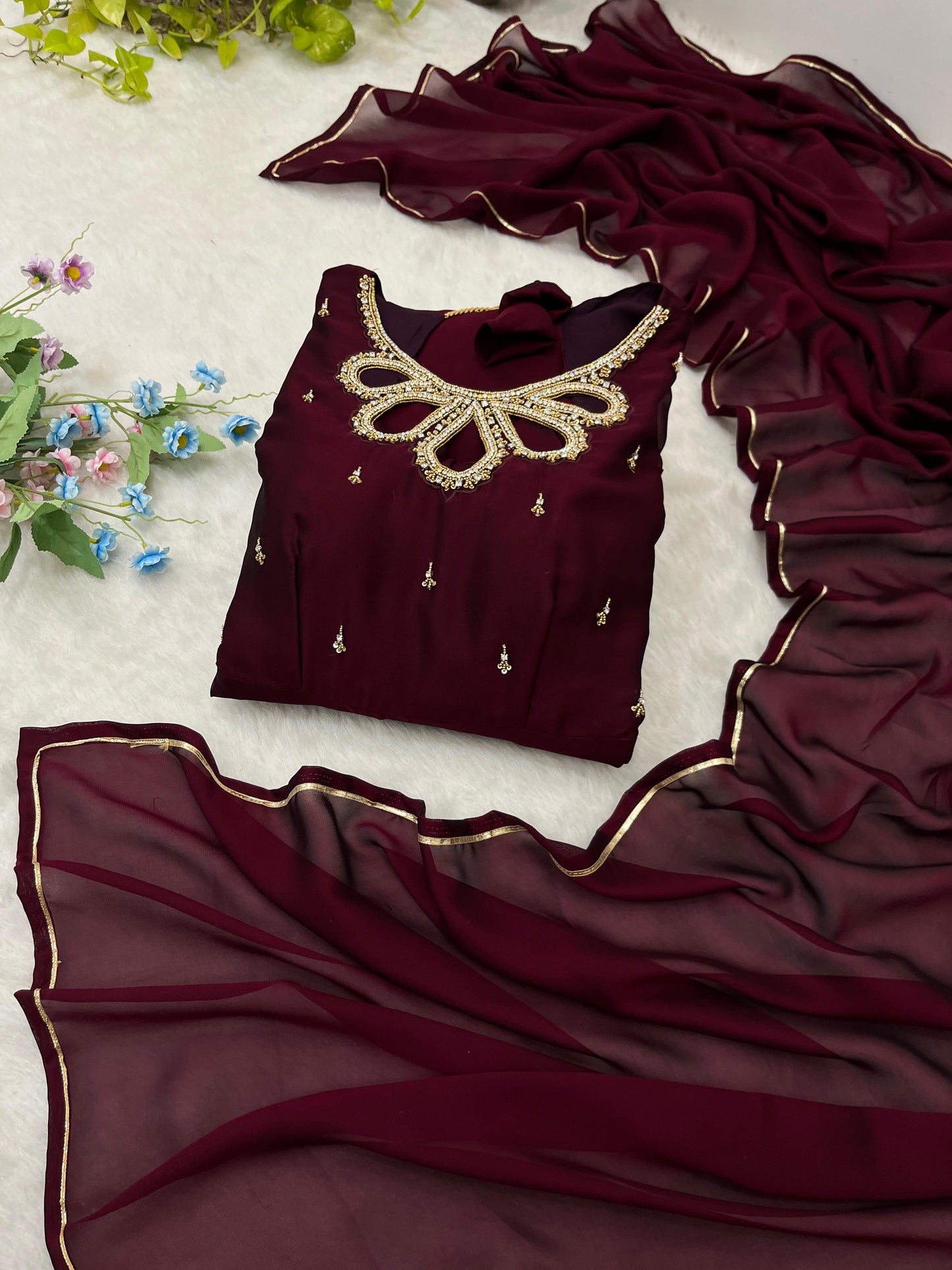Party Wear Look Black Rangoli Georgette Maroon Color Gown With Dupatta